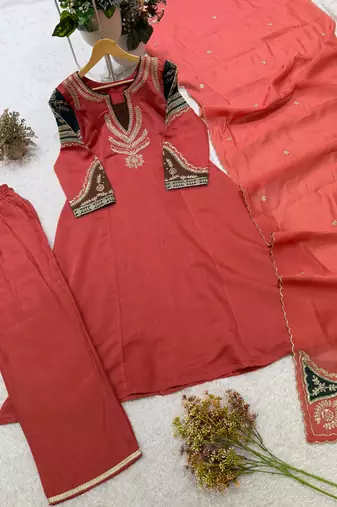 Dark-coral chanderi embroidered palazzo set