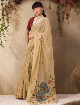 beige ethnic motifs cotton blend muga saree 2