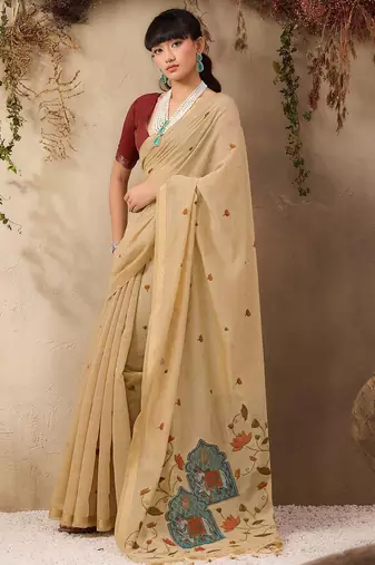beige ethnic motifs cotton blend muga saree