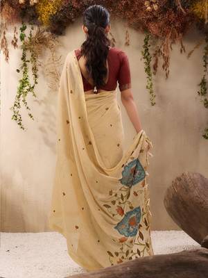 beige ethnic motifs cotton blend muga saree 3