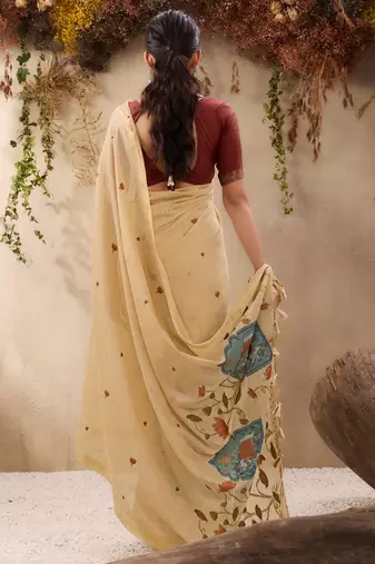 beige ethnic motifs cotton blend muga saree