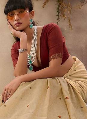 beige ethnic motifs cotton blend muga saree 4