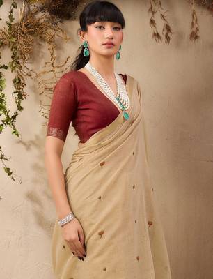 beige ethnic motifs cotton blend muga saree 5