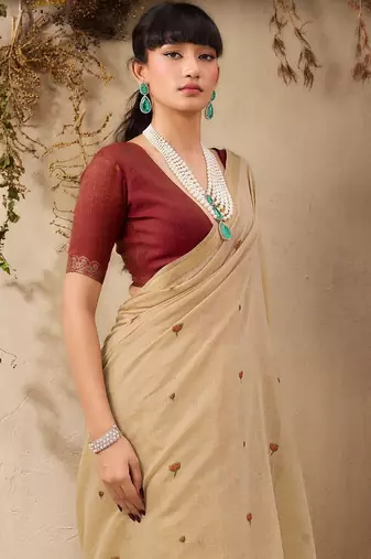 beige ethnic motifs cotton blend muga saree
