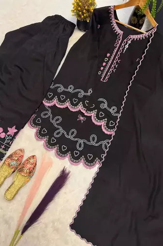 Black silk blend embroidered farshi salwar set