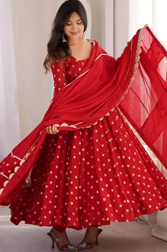 Red silk blend embroidered flared gown set