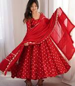 Red silk blend embroidered flared gown set