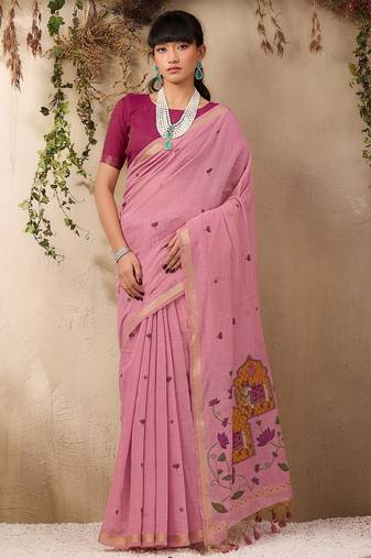 pink ethnic motifs embroidered cotton blend muga saree