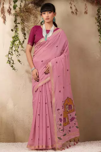 pink ethnic motifs embroidered cotton blend muga saree