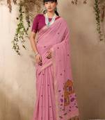 pink ethnic motifs embroidered cotton blend muga saree