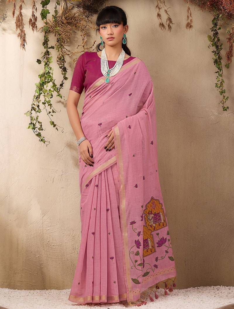 pink ethnic motifs embroidered cotton blend muga saree
