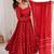 Red silk blend embroidered flared gown set