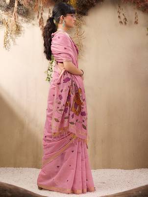 pink ethnic motifs embroidered cotton blend muga saree 2