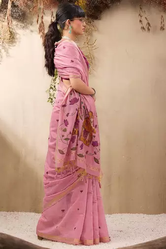 pink ethnic motifs embroidered cotton blend muga saree