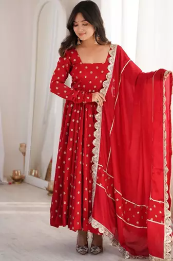 Red silk blend embroidered flared gown set