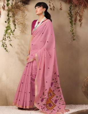 pink ethnic motifs embroidered cotton blend muga saree 3