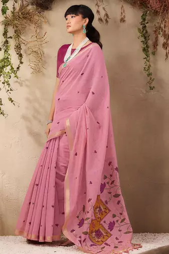 pink ethnic motifs embroidered cotton blend muga saree