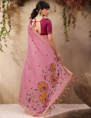 pink ethnic motifs embroidered cotton blend muga saree 4