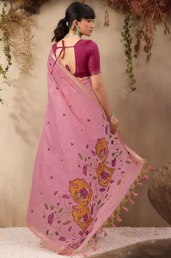 pink ethnic motifs embroidered cotton blend muga saree
