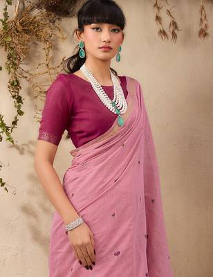 pink ethnic motifs embroidered cotton blend muga saree 5