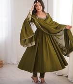 Olive silk blend embroidered flared gown set