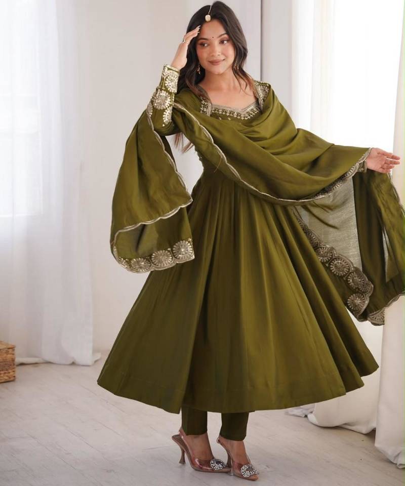 Olive silk blend embroidered flared gown set