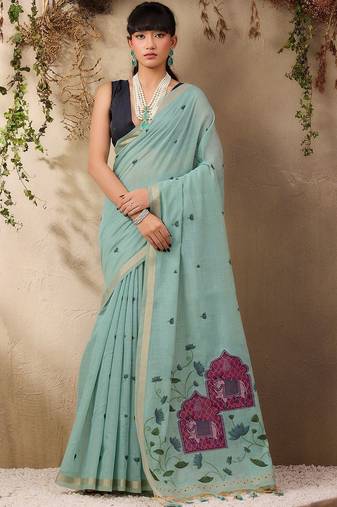 light blue ethnic motifs cotton blend muga saree