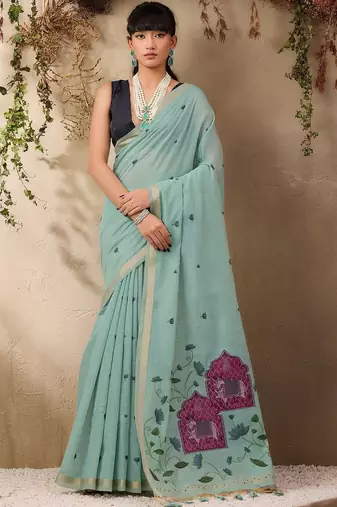 light blue ethnic motifs cotton blend muga saree
