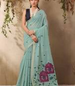 light blue ethnic motifs cotton blend muga saree