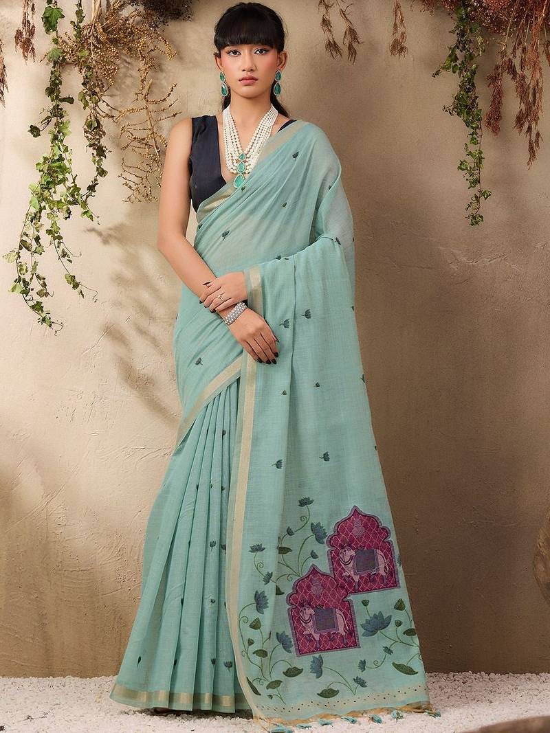 light blue ethnic motifs cotton blend muga saree