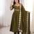 Olive silk blend embroidered flared gown set