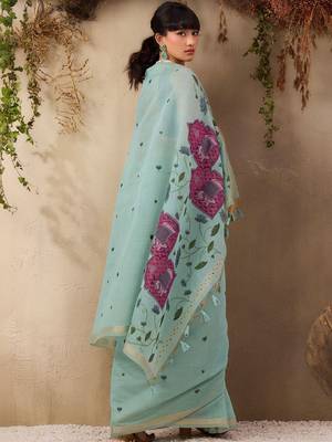 light blue ethnic motifs cotton blend muga saree 2
