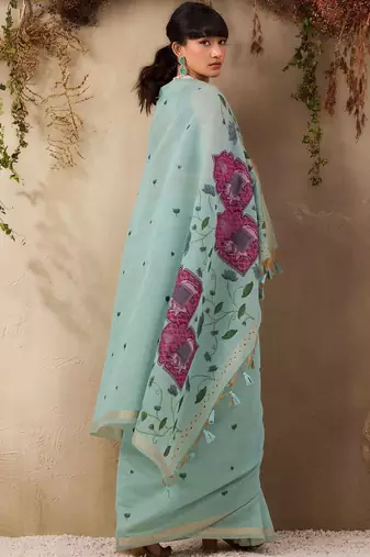 light blue ethnic motifs cotton blend muga saree