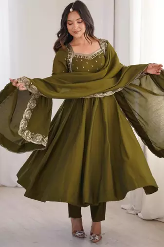 Olive silk blend embroidered flared gown set