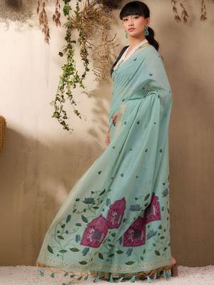 light blue ethnic motifs cotton blend muga saree 3