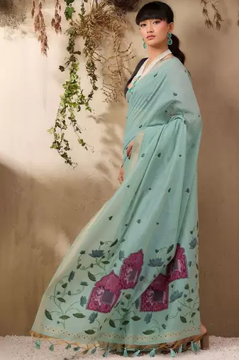 light blue ethnic motifs cotton blend muga saree