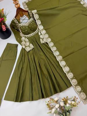 Olive silk blend embroidered flared gown set 4