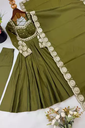 Olive silk blend embroidered flared gown set