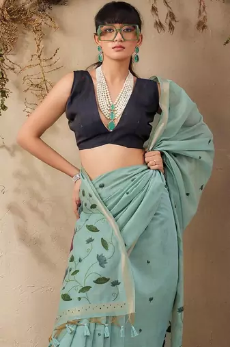light blue ethnic motifs cotton blend muga saree