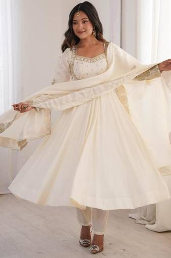 White silk blend embroidered flared gown set