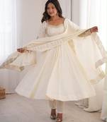 White silk blend embroidered flared gown set
