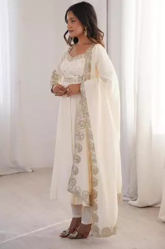 White silk blend embroidered flared gown set