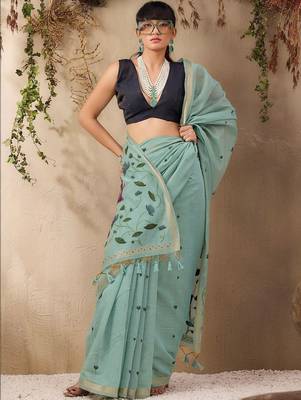 light blue ethnic motifs cotton blend muga saree 5