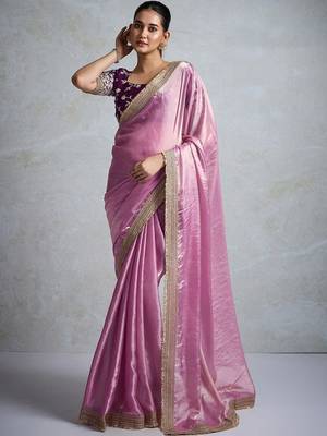 pink chiffon sarees with blouse 1