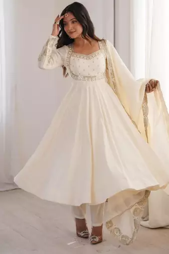 White silk blend embroidered flared gown set