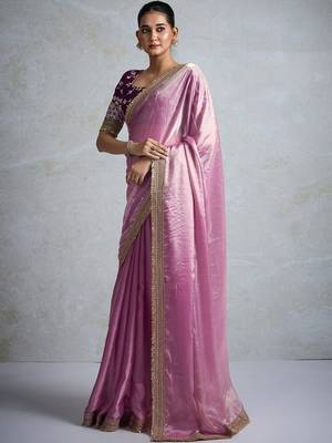 pink chiffon sarees with blouse 2