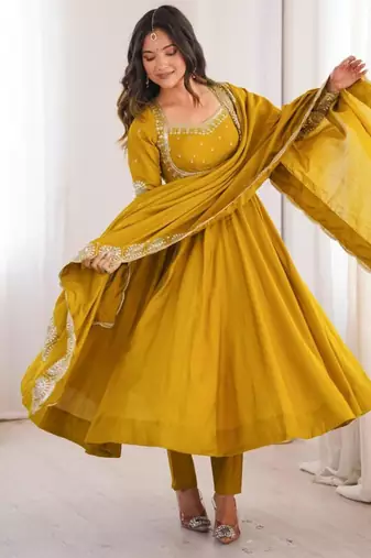 Dark-yellow silk blend embroidered flared gown set