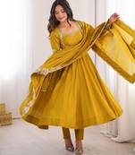 Dark-yellow silk blend embroidered flared gown set