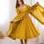 Dark-yellow silk blend embroidered flared gown set