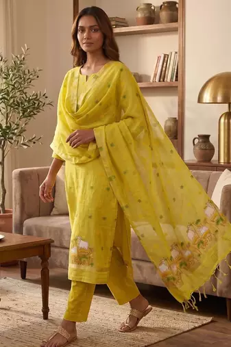 Yellow muga cotton jamdani pichwai weaving salwar suit